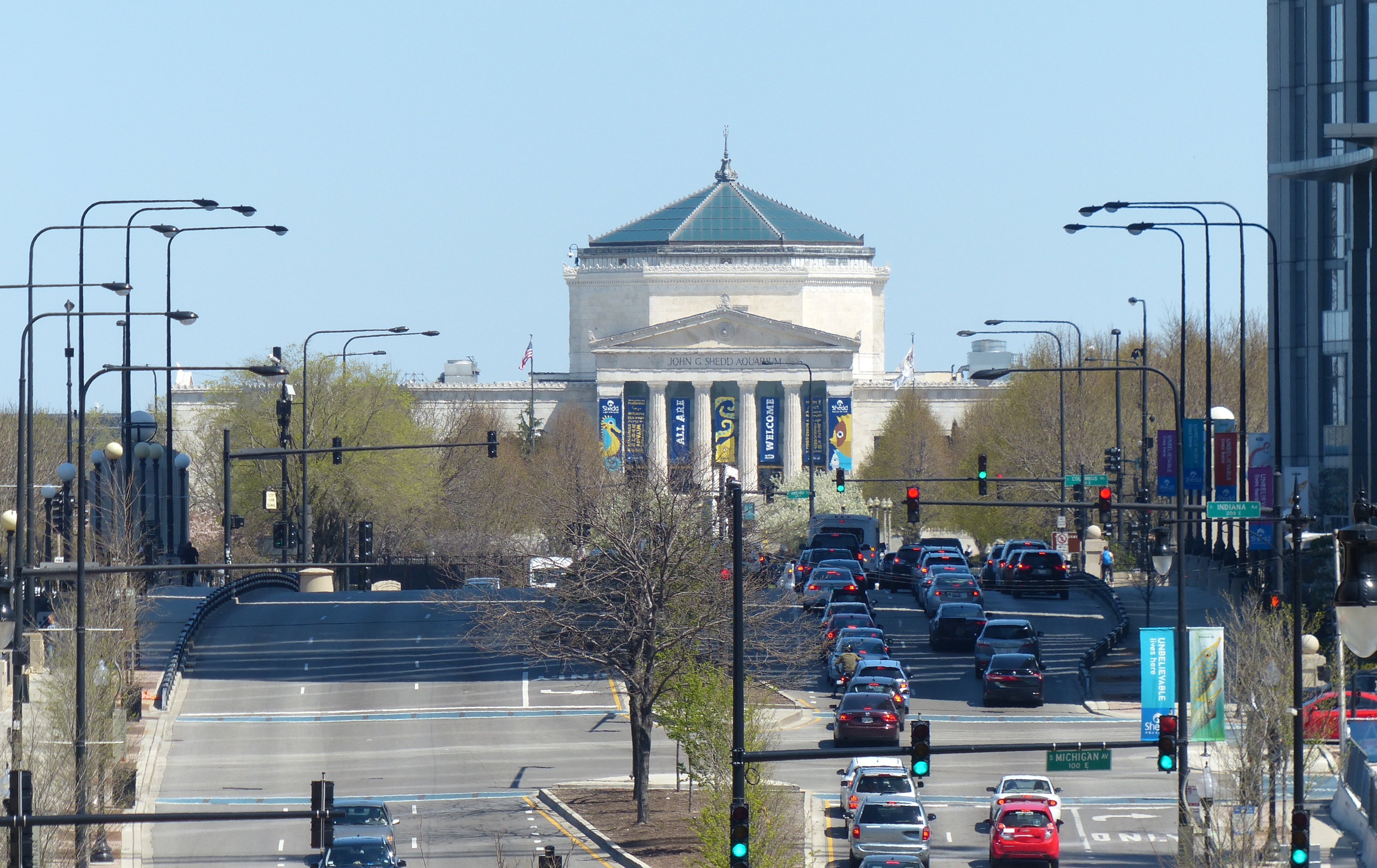 Roosevelt Road and the Shedd Aquarium. Chicago, Illinois.