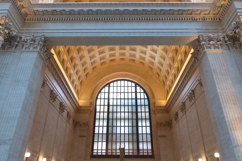 Chicago Union Station corridor with a large arched window