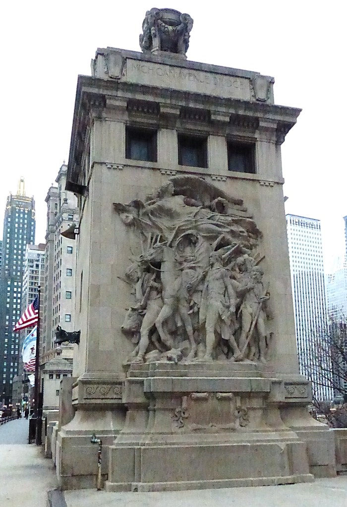 The Pioneers, a sculpture on the DuSable Bridge in Chicago