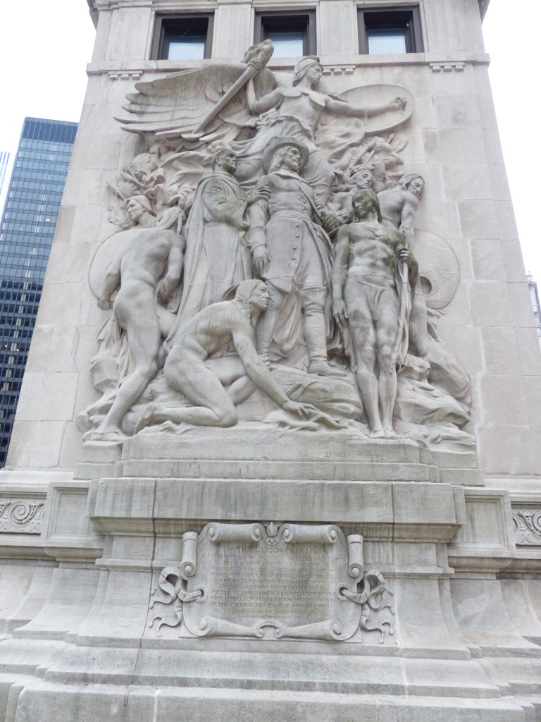 The Discoverers sculpture on the DuSable Bridge in Chicago